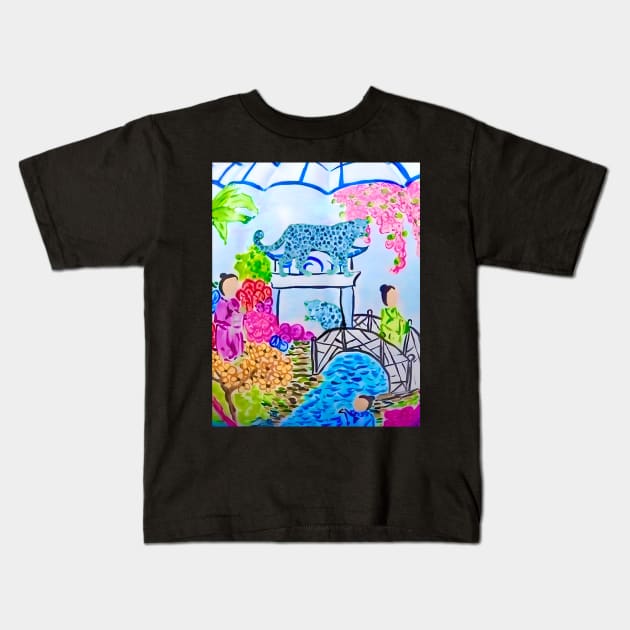 Blue panthers in chinoiserie landscape Kids T-Shirt by SophieClimaArt